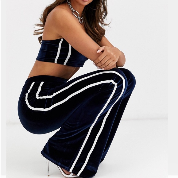 FASHIONKILLA Blue Velour Tube Top and High Waist Flare Pant with White Stripes - Picture 3 of 13